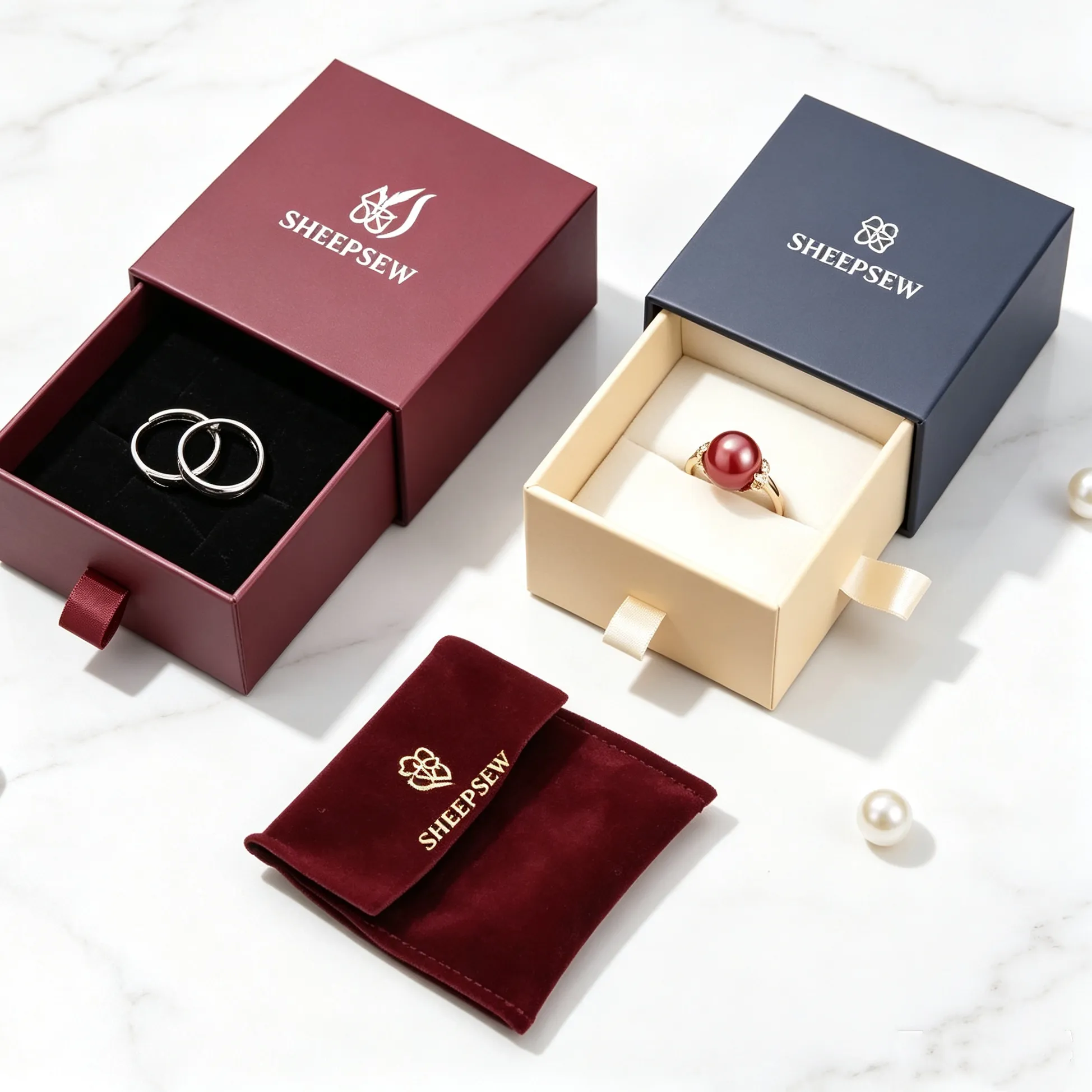 Authentic 50pcs Sheepsew Custom Logo Elegant Jewelry Packaging Paper Drawer Box Recyclable Rings Rigid Paperboard Boxes