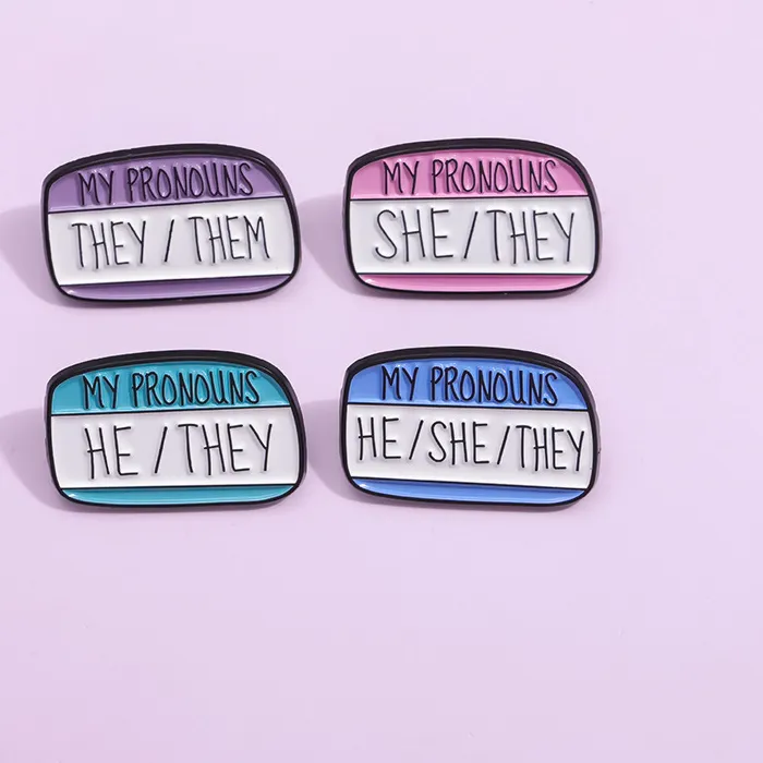 Authentic My Pronoun They Them He She Enamel Pins Custom Personal Pronoun Brooches Lapel Badges Fun Text Box Jewelry