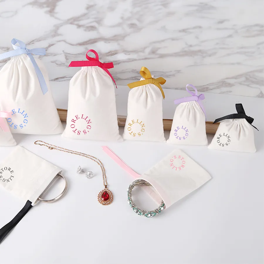 Authentic 50Pcs Custom Logo White Cotton Jewelry Bag Recyclable Canvas Muslin Drawstring Pouch Organizer Print Name Pocket