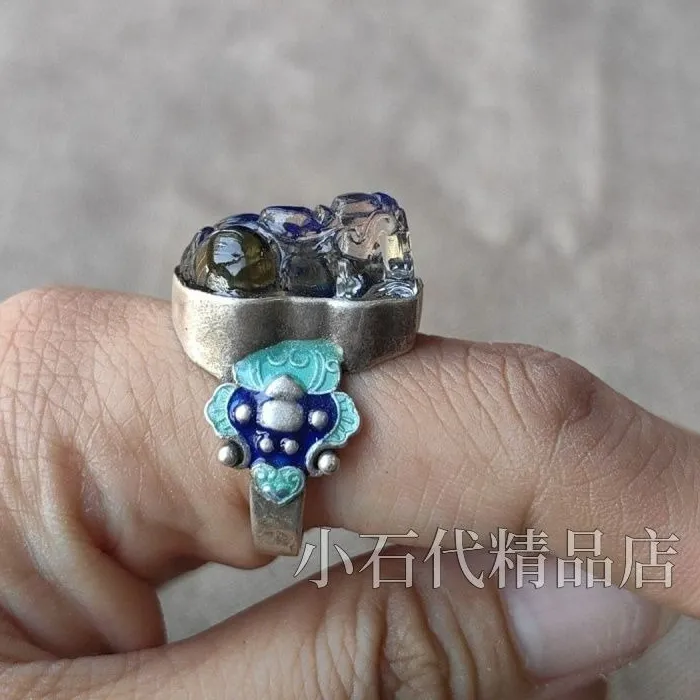 Authentic Vintage Pixiu Ring with Antique Recycle Patina, Inlaid Color Changing Gemstone Adjustable Collectible Finger Jewelry
