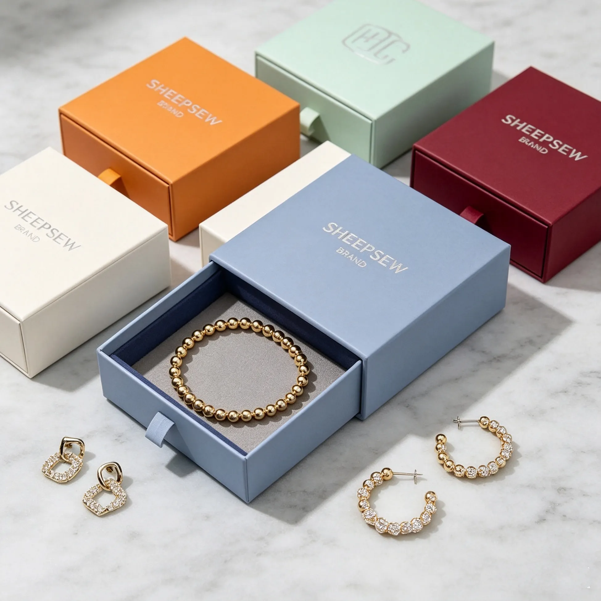Authentic 50pcs Sheepsew Custom Jewelry Earrings Recyclable Rigid Paperboard Ring Boxes Small Bracelet Package Box With Logo
