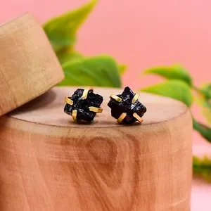 Authentic Raw Black Tourmaline Stud Healing Reiki Birthstone Minimalist Dainty Earrings