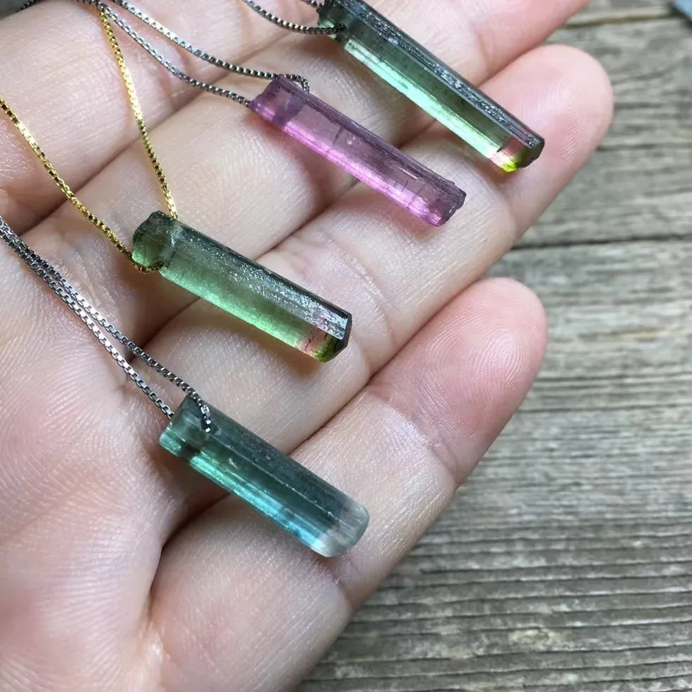 Authentic 1Pc Fengbaowu Natural Colorful Transparent Raw Tourmaline Necklace Pendant 925 Sterling Silver Reiki Healing Stone Jewelry