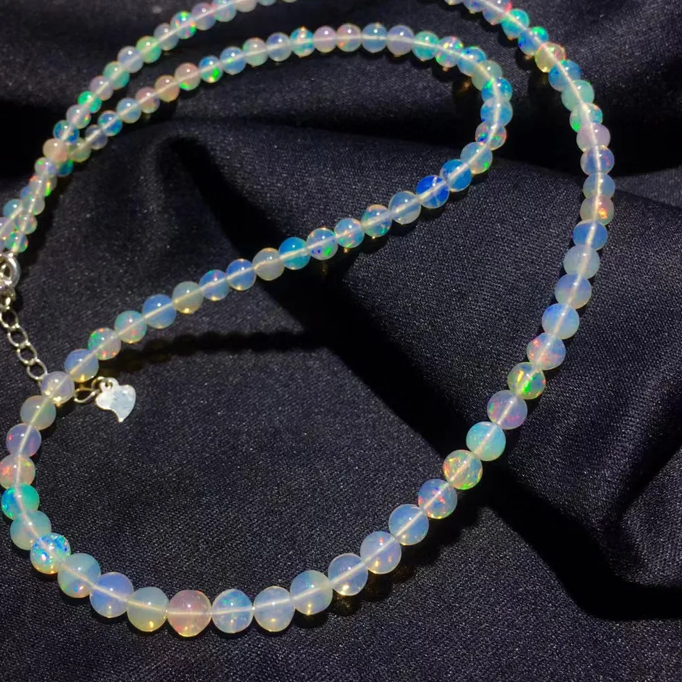 Authentic Natural Colorful Opal Necklace Clear Round Beads Pendant 5-3mm Women Man Reiki Colorful Opal Pendant Jewelry AAAAAA