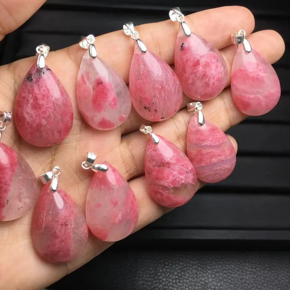 Authentic 1 Pc Fengbaowu Natural Rhodonite Water Drop Pendant 925 Sterling Silver Reiki Healing Stone Jewelry For Women Men