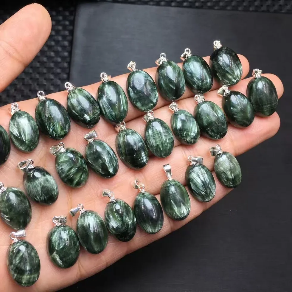 Authentic 1 Pc Fengbaowu Natural Seraphinite Oval Cabochon Pendant 925 Sterling Silver Crystal Reiki Healing Stone Jewelry Women Men