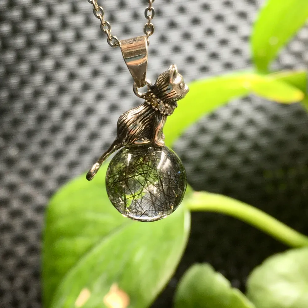 Authentic 1 Pc Fengbaowu Natural Black Rutilated Quartz Sphere Pendant 925 Sterling Silver Cat Reiki Healing Stone Jewelry