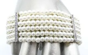 Authentic LUXURIOUS 18kt White Gold Plated 6 Strands Pearls Crystals Barrel Clasp Bracelet