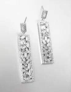 Authentic LUXURIOUS 18kt White Gold Plated CZ Crystals RECTANGLE 1.5" Long Earrings