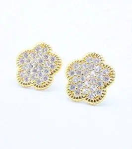 Authentic LUXURIOUS 18kt Gold Plated Crystals Encrusted 5 Petal Clover Stud Post Earrings