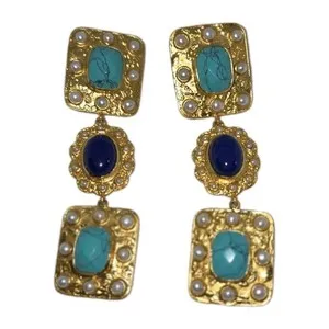 Authentic Celestial Harmony Drop Earrings – Turquoise, Lapis & Pearl Enchanted in 24K Gold