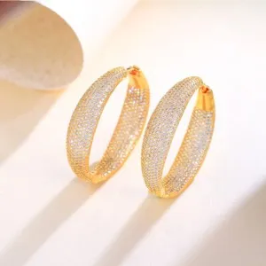Authentic Luxurious Yellow Gold Plated Micro Pave Cubic Zircon Round Circle Hoop Earrings