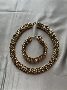 Authentic Vintage Luxurious Gold Plated Chocker Style Necklace And Matching Bracelet Set