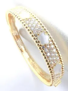 Authentic LUXURIOUS Thin 18kt Gold Plated 10 Mother Pearl Clover Crystals Bangle Bracelet