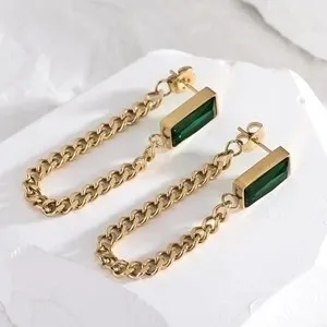 Authentic Drop Earrings 18K Gold Plated Luxurious Shiny Square Plating Green Rhinestone