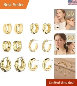 Authentic Luxurious 14K Gold Plated Chunky Hoop Earrings - 6 Pairs for Every Occasion