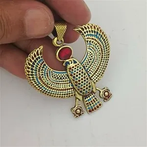 Authentic Ancient Egyptian Heritage Gold Plated Red Horus Bird Necklace, Luxurious Touch