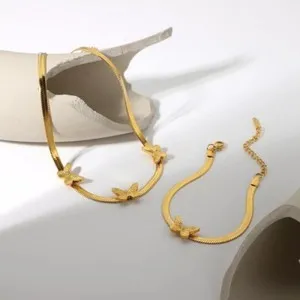 Authentic Luxurious 18k Gold Plated Butterfly Necklace and Bracelet Set
