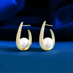 Authentic Luxurious Gold Plated CZ U Shape Round Pearl Hoop Earring Cubic Zirconia Jewelry