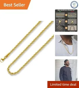 Authentic Luxurious 18k Gold Plated Twist Rope Chain Necklace for Men Women, 20 Inches
