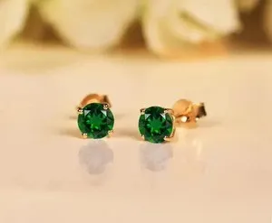 Authentic 2Ct Round Cut Natural Emerald Luxurious Earring Stud 14K Yellow Gold Plated