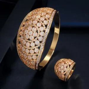 Authentic Luxurious Yellow Gold Plated Flower Cubic Zircon Big Bangle Ring CZ Jewelry Set