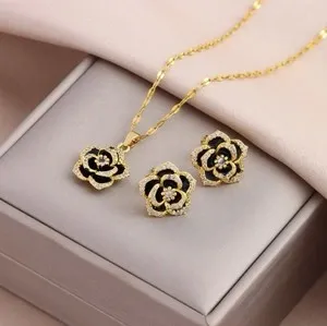 Authentic 18K Gold-Plated Luxurious French Black Rose Pendant Necklace & Earrings Set