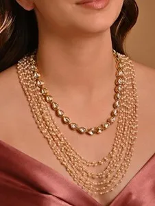 Authentic Bollywood Style Gold Plated Multilayered Luxurious Kundan Pearl Necklace Jewelry