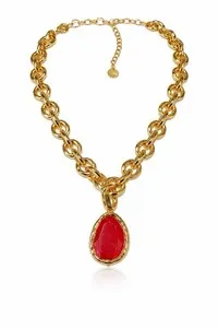 Authentic Karine Sultan 24k Gold-Plated Vivid Red Gem Luxurious Link Necklace