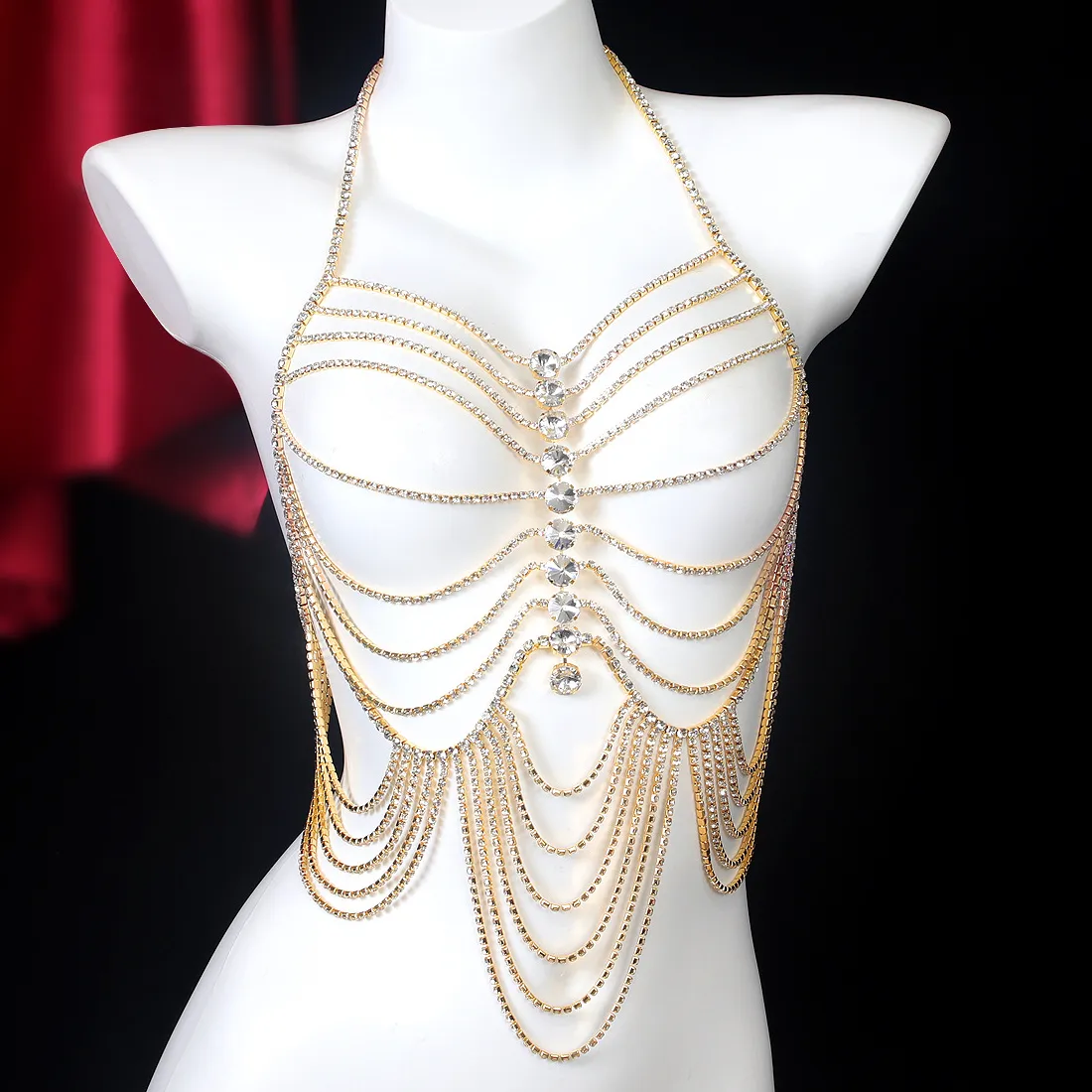 Authentic Luxurious Stripe Tassels Style Rhinestone Chest Chain Nightclub Body Chain Jewelry