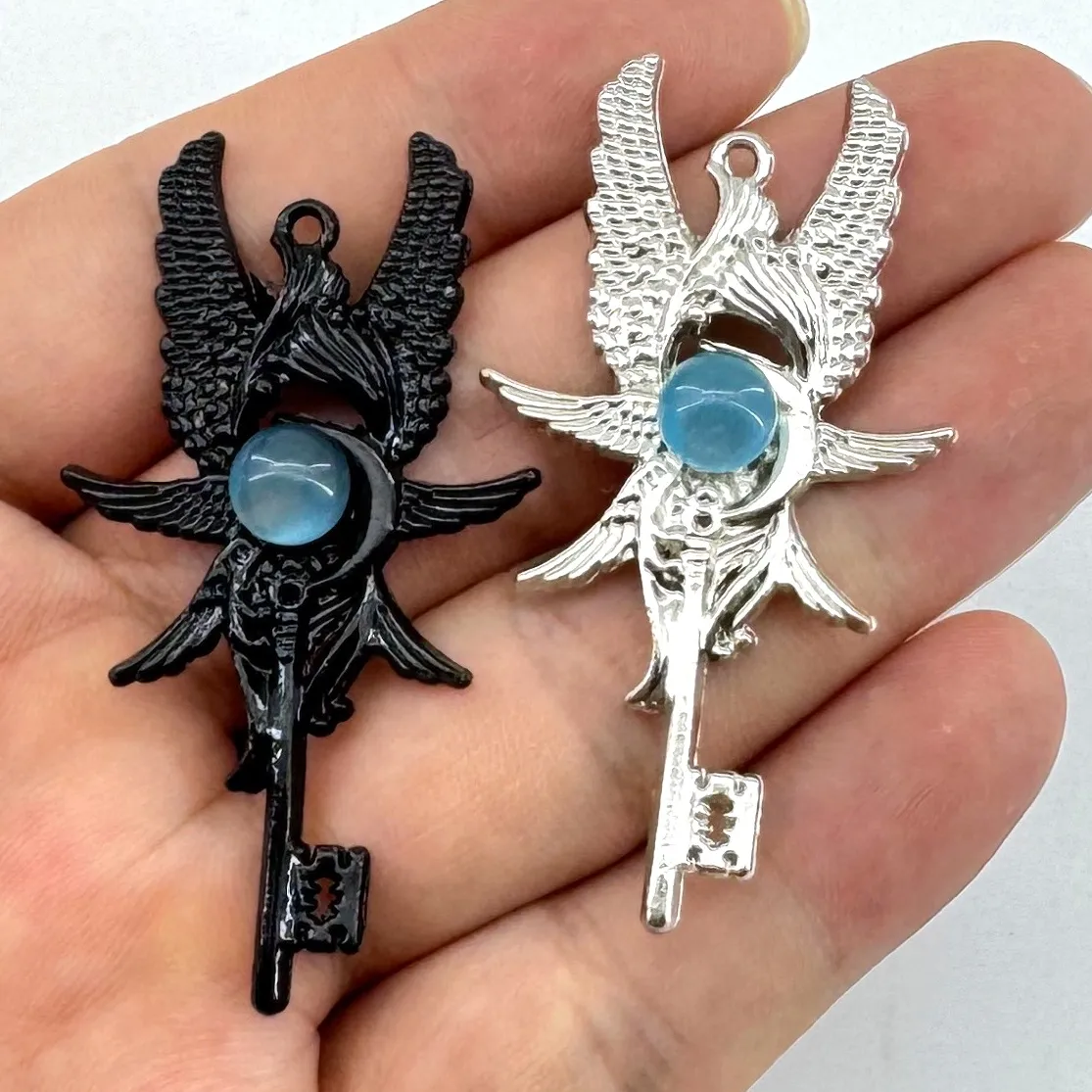 Authentic 10PCS Moonstone Angel Wings Key Pendant Necklace Retro Luxury Men's and Women's DIY Accessories