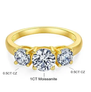 Authentic Gold Plated Moissanite 1 Carat Three Stone Ring With CZ