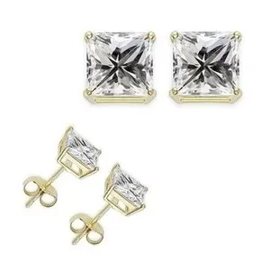 Authentic Silver Yellow Gold Plated 2 Carat 6MM Clear Princess Cut CZ Stud Earrings