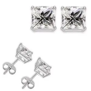 Authentic Silver White Gold Plated 2 Carat 6MM Clear Princess Cut CZ Stud Earrings