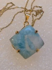 Authentic Natural Larimar Pendant Necklace/ 18K Gold Plated Setting / 16.5 Carat Stone