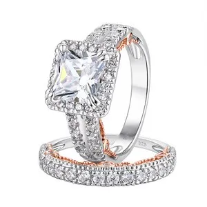 Authentic 4 Carat Wedding Engagement Ring Set for Women Gold Plated 925 Sterling Silver CZ