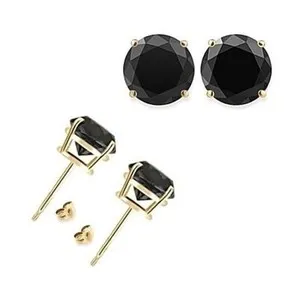 Authentic Awesome Silver Yellow Gold Plated 3 Carat 7MM Black Round CZ Stud Earrings