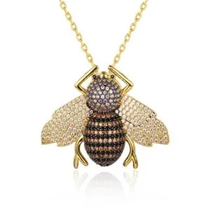 Authentic Gold Plated 3.78 Carat CZ Bee Brooch Pendant & Necklace Gold or Rose Gold