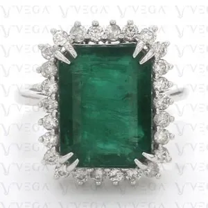 Authentic 6.50Carat Emerald Natural Emerald And Diamond 18K White Gold Plated Prong Ring