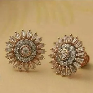 Authentic Party Wear Flower Shape Stud Earrings Simulated Diamond 14K Rose Gold Plated