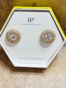 Authentic Bomb Party Yellow Gold Plated Pavé Round CZ Stud Earrings Butterfly Back ER58962