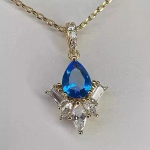 Authentic Party Wear Fancy Pendant Necklace 14K Yellow Gold Plated Simulated Blue Topaz
