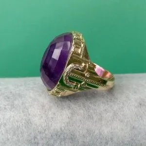 Authentic Big Gemstone Rings Gold Plated Purple Amethyst Party Ring Size Adjustable