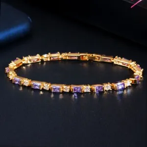 Authentic Elegant Yellow Gold Plated CZ Green Blue Charm Tennis Bracelet for Wedding Party