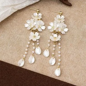 Authentic Gold Plated Opalescent Flower Pearl Tassel Drop Earrings Floral Party Jewelry