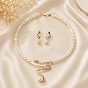 Authentic GOLD Plated Bridal Pearl Jewellery Set Necklace Earrings Wedding Party