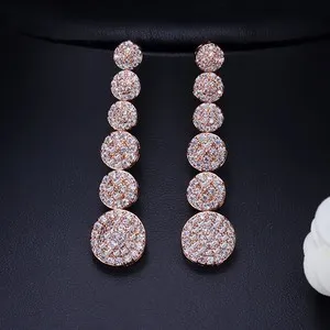 Authentic Rose Gold Plated Cubic Zirconia Long Round Dangle Drop Earrings for Women Party