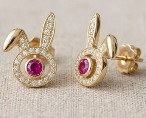 Authentic 2ct Round simulated Ruby/Diamond Bunny Face Stud Earrings 14k Yellow Gold Plated