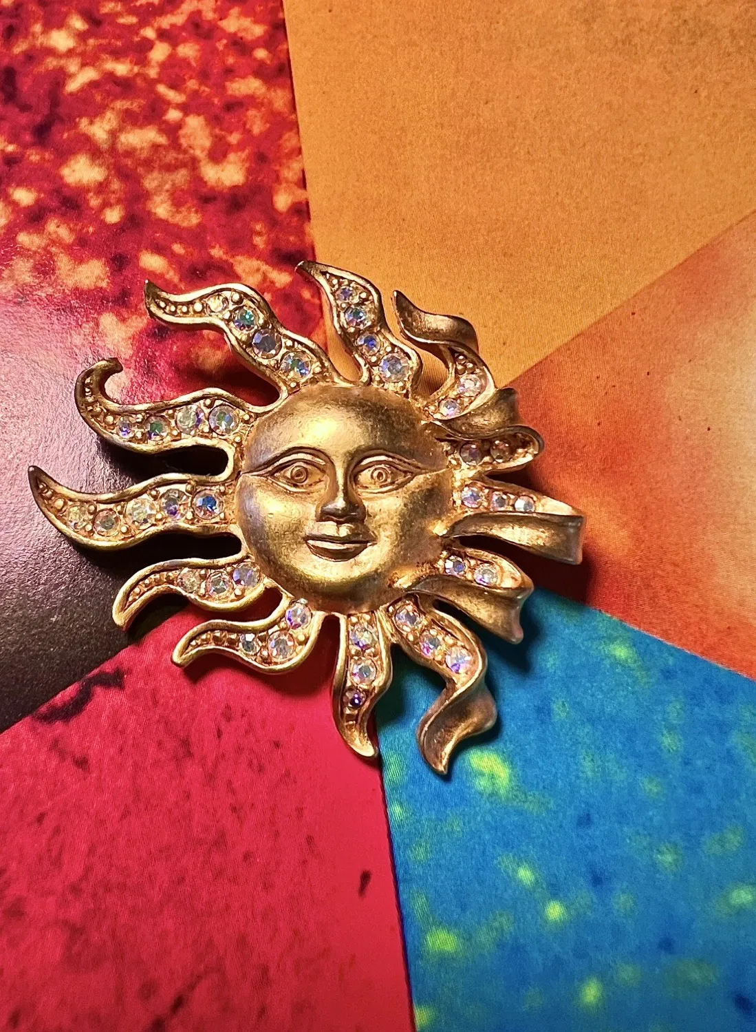 Authentic Aurora Sun Face Gold- Plated Crystal Brooch Solar Talisman Of Radiance