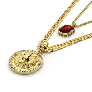 Authentic Men's 14k Gold Plated Cuban Chain Lion Face Red Eyes & Red Cubic-Zirconia